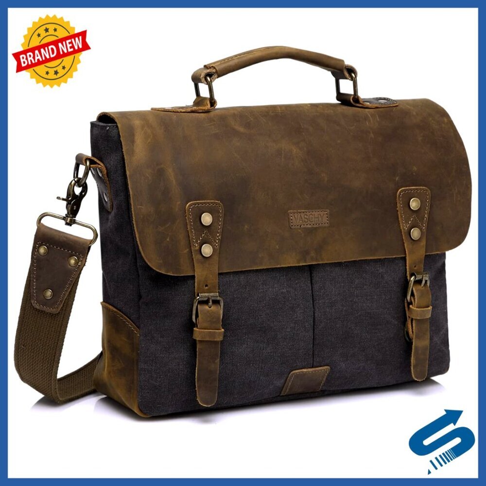 Vintage Leather Canvas Messenger Bag Crossbody Satchel 14in Laptop Shoulder - Picture 1 of 6